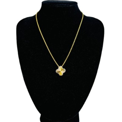 Rantai Leher Choker Sauh Clover Emas dan Chrome 916/22K
